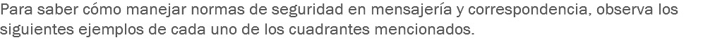 Para saber cómo manejar normas de seguridad en mensajería y correspondencia, observa los siguientes ejemplos de cada uno de los cuadrantes mencionados. 