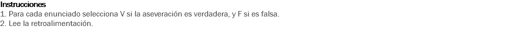 Instrucciones
1. Para cada enunciado selecciona V si la aseveración es verdadera, y F si es falsa.
2. Lee la retroalimentación. 