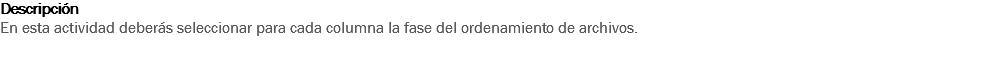 Descripción
En esta actividad deberás seleccionar para cada columna la fase del ordenamiento de archivos. 
