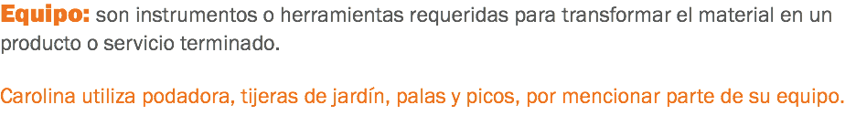 Equipo: son instrumentos o herramientas requeridas para transformar el material en un producto o servicio terminado. Carolina utiliza podadora, tijeras de jardín, palas y picos, por mencionar parte de su equipo.
