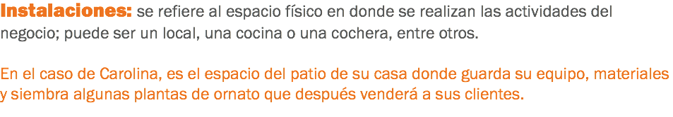 Instalaciones: se refiere al espacio físico en donde se realizan las actividades del negocio; puede ser un local, una cocina o una cochera, entre otros. En el caso de Carolina, es el espacio del patio de su casa donde guarda su equipo, materiales y siembra algunas plantas de ornato que después venderá a sus clientes.
