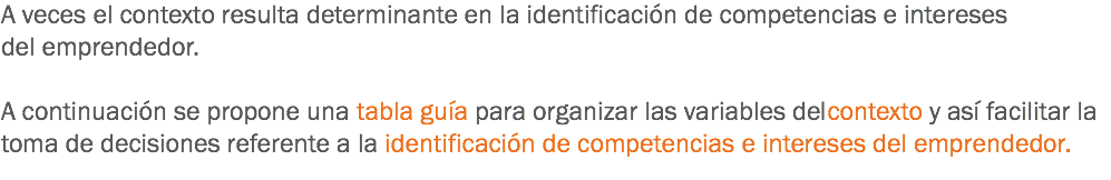 A veces el contexto resulta determinante en la identificación de competencias e intereses del emprendedor. A continuación se propone una tabla guía para organizar las variables de contexto y así facilitar la toma de decisiones referente a la identificación de competencias e intereses del emprendedor.

