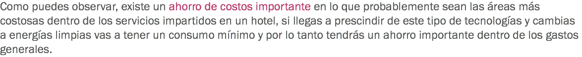 Como puedes observar, existe un ahorro de costos importante en lo que probablemente sean las áreas más costosas dentro de los servicios impartidos en un hotel, si llegas a prescindir de este tipo de tecnologías y cambias a energías limpias vas a tener un consumo mínimo y por lo tanto tendrás un ahorro importante dentro de los gastos generales.