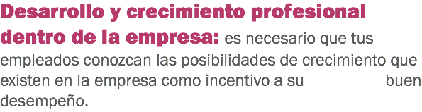 Desarrollo y crecimiento profesional dentro de la empresa: es necesario que tus empleados conozcan las posibilidades de crecimiento que existen en la empresa como incentivo a su buen desempeño.