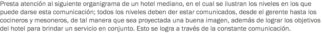 Presta atención al siguiente organigrama de un hotel mediano, en el cual se ilustran los niveles en los que puede darse esta comunicación; todos los niveles deben der estar comunicados, desde el gerente hasta los cocineros y mesoneros, de tal manera que sea proyectada una buena imagen, además de lograr los objetivos del hotel para brindar un servicio en conjunto. Esto se logra a través de la constante comunicación.